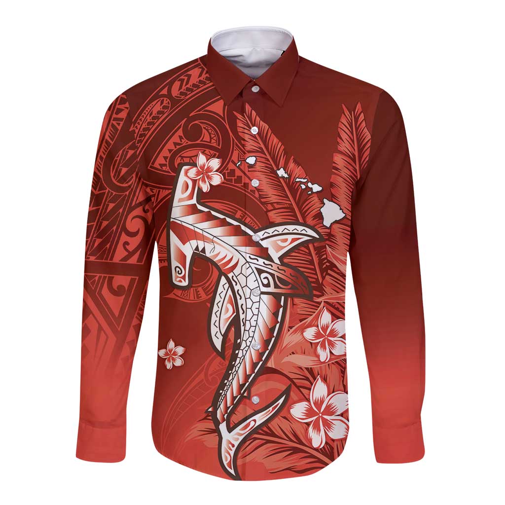 Personalized Hawaiian Maori Hammerhead Shark Long Sleeve Button Shirt Ulaula Plumeria - Polynesian Pride