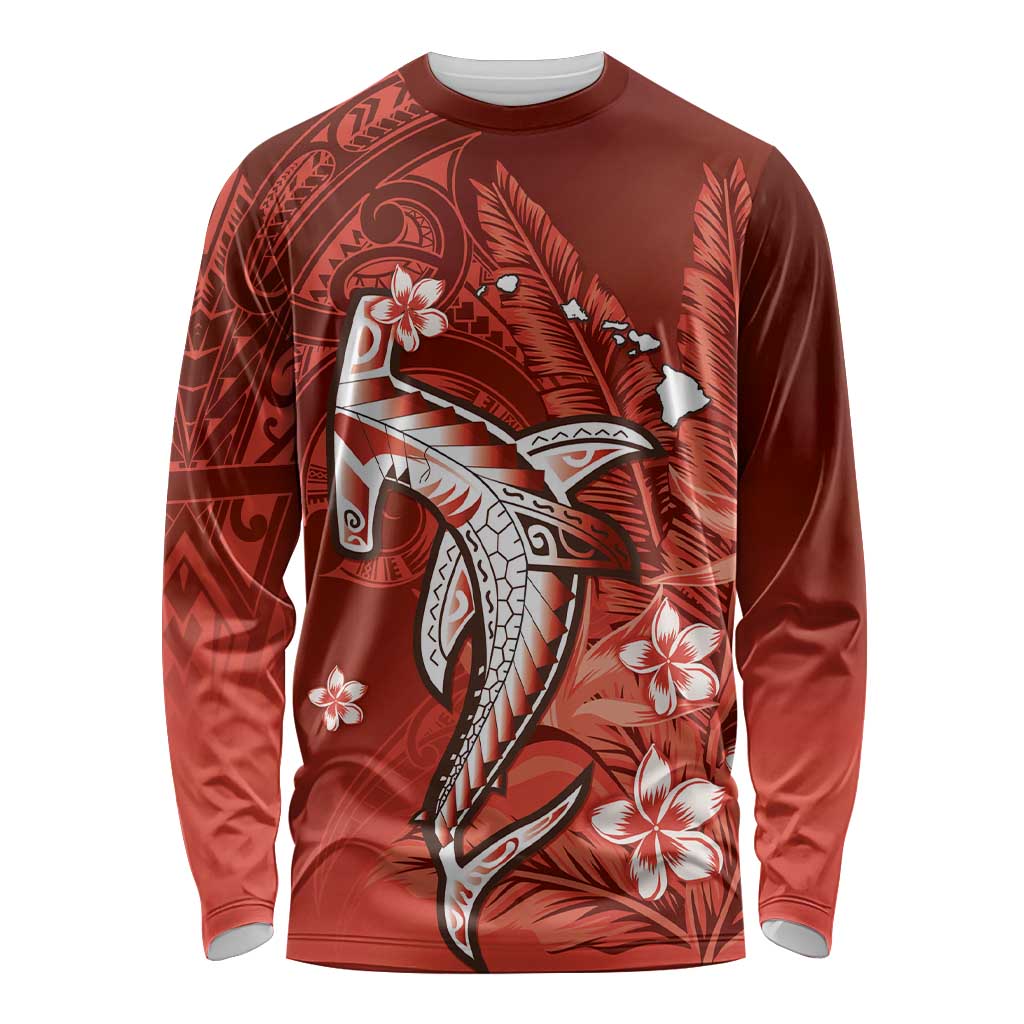 Personalized Hawaiian Maori Hammerhead Shark Long Sleeve Shirt Ulaula Plumeria - Polynesian Pride