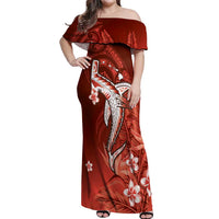 Personalized Hawaiian Maori Hammerhead Shark Off Shoulder Maxi Dress Ulaula Plumeria - Polynesian Pride