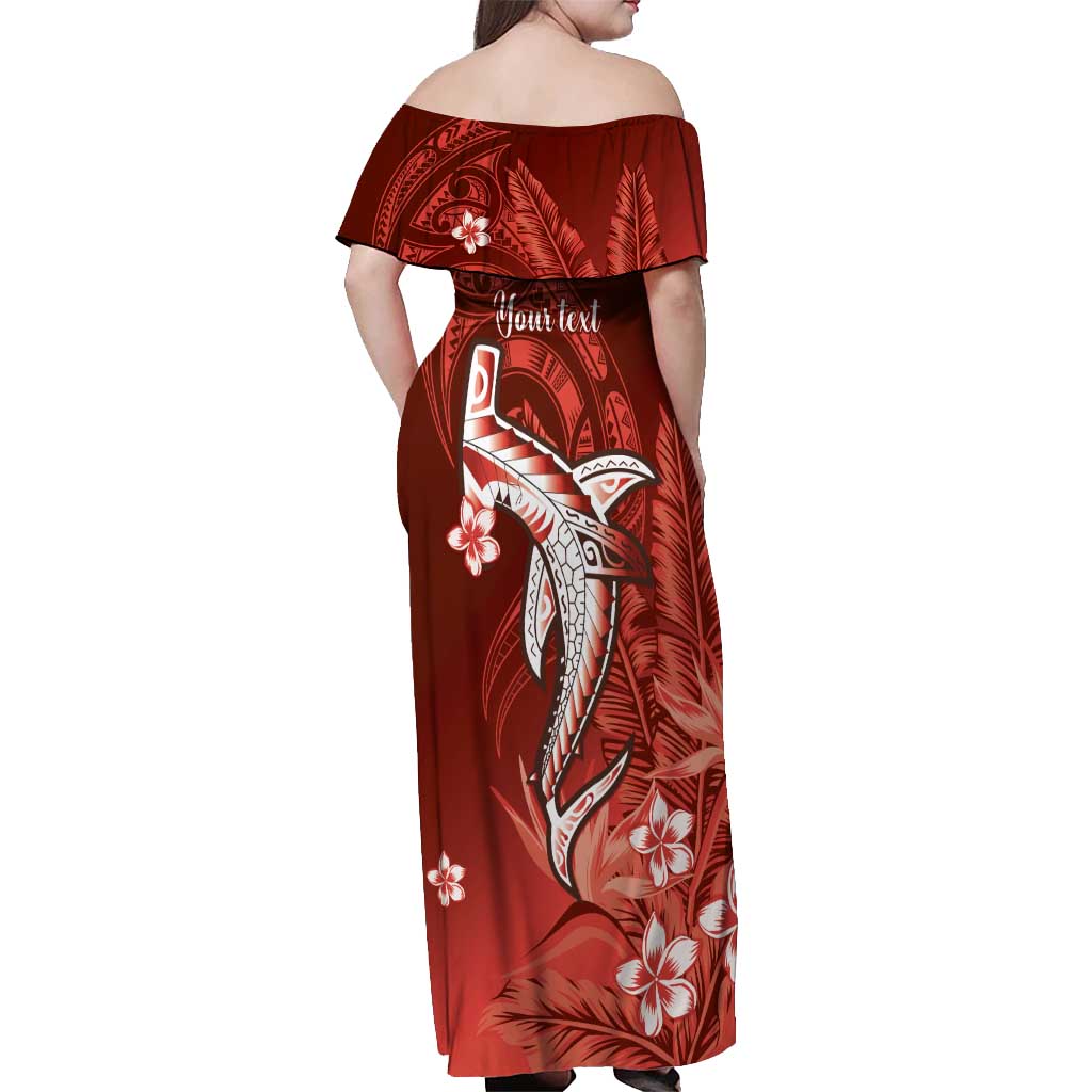 Personalized Hawaiian Maori Hammerhead Shark Off Shoulder Maxi Dress Ulaula Plumeria - Polynesian Pride