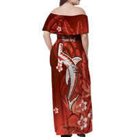 Personalized Hawaiian Maori Hammerhead Shark Off Shoulder Maxi Dress Ulaula Plumeria - Polynesian Pride