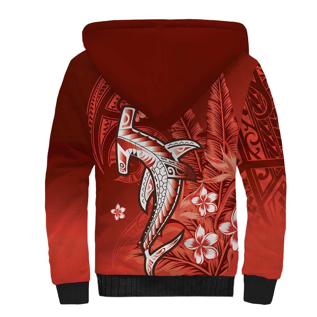 Personalized Hawaiian Maori Hammerhead Shark Sherpa Hoodie Ulaula Plumeria - Polynesian Pride