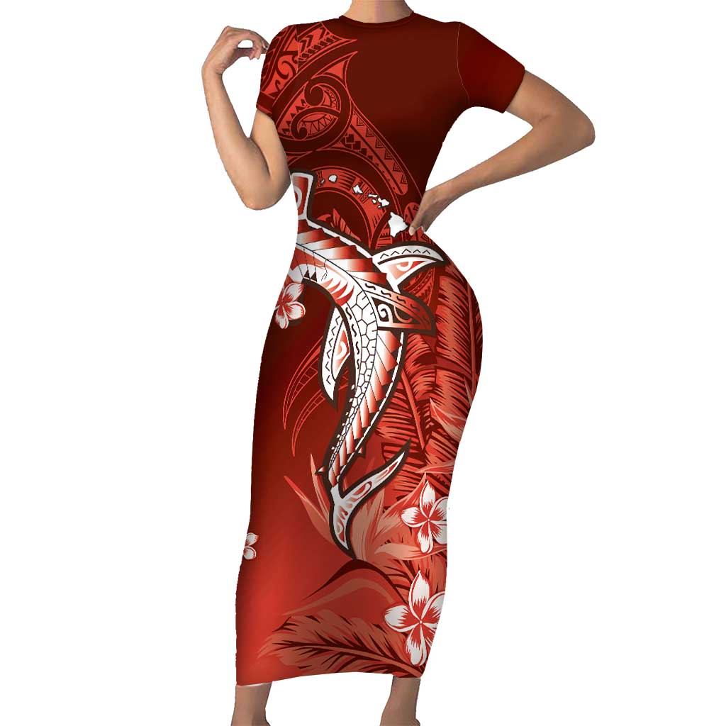 Personalized Hawaiian Maori Hammerhead Shark Short Sleeve Bodycon Dress Ulaula Plumeria - Polynesian Pride