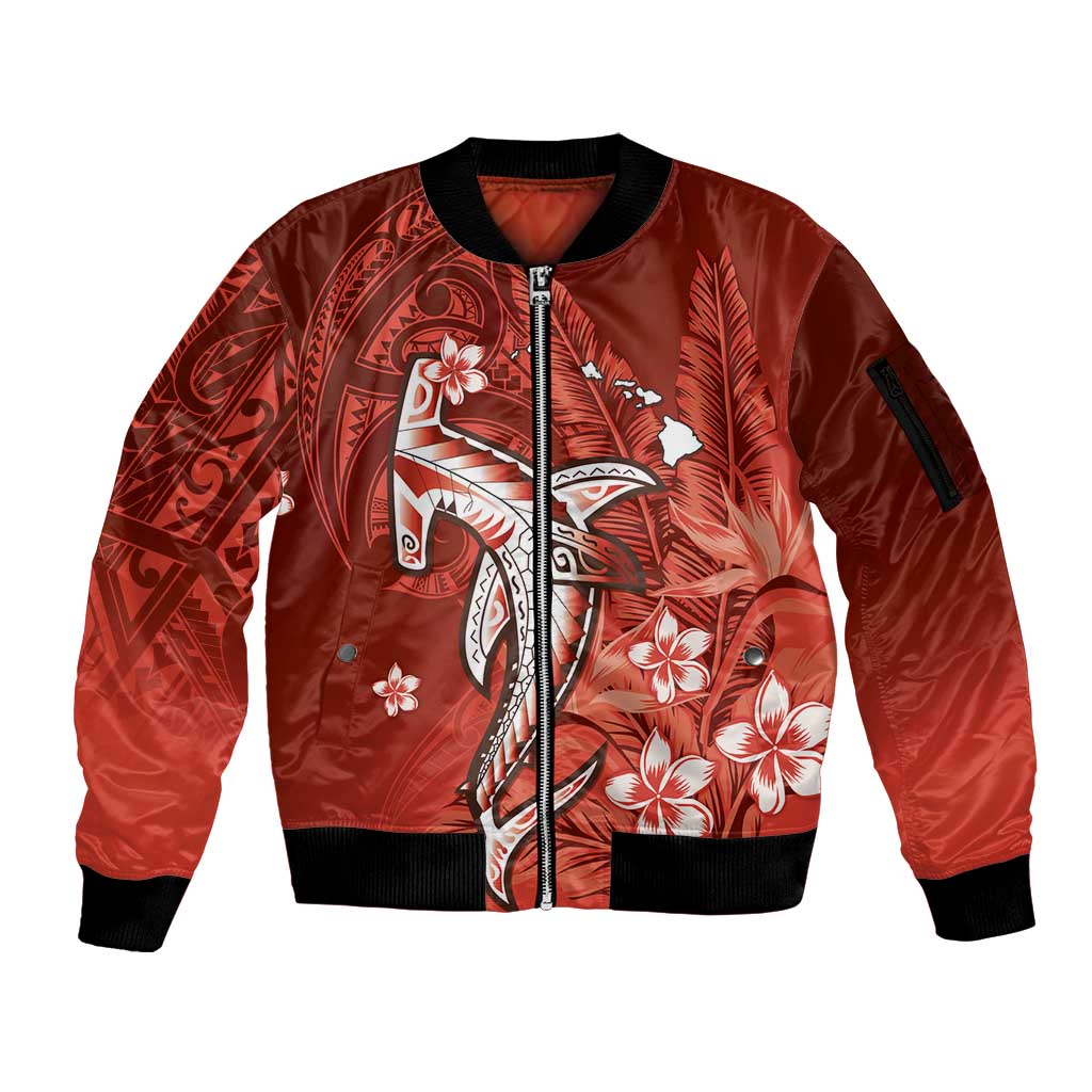 Personalized Hawaiian Maori Hammerhead Shark Sleeve Zip Bomber Jacket Ulaula Plumeria - Polynesian Pride
