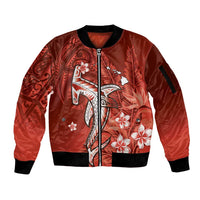 Personalized Hawaiian Maori Hammerhead Shark Sleeve Zip Bomber Jacket Ulaula Plumeria - Polynesian Pride