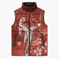Personalized Hawaiian Maori Hammerhead Shark Sleeveless Puffer Jacket Ulaula Plumeria - Polynesian Pride