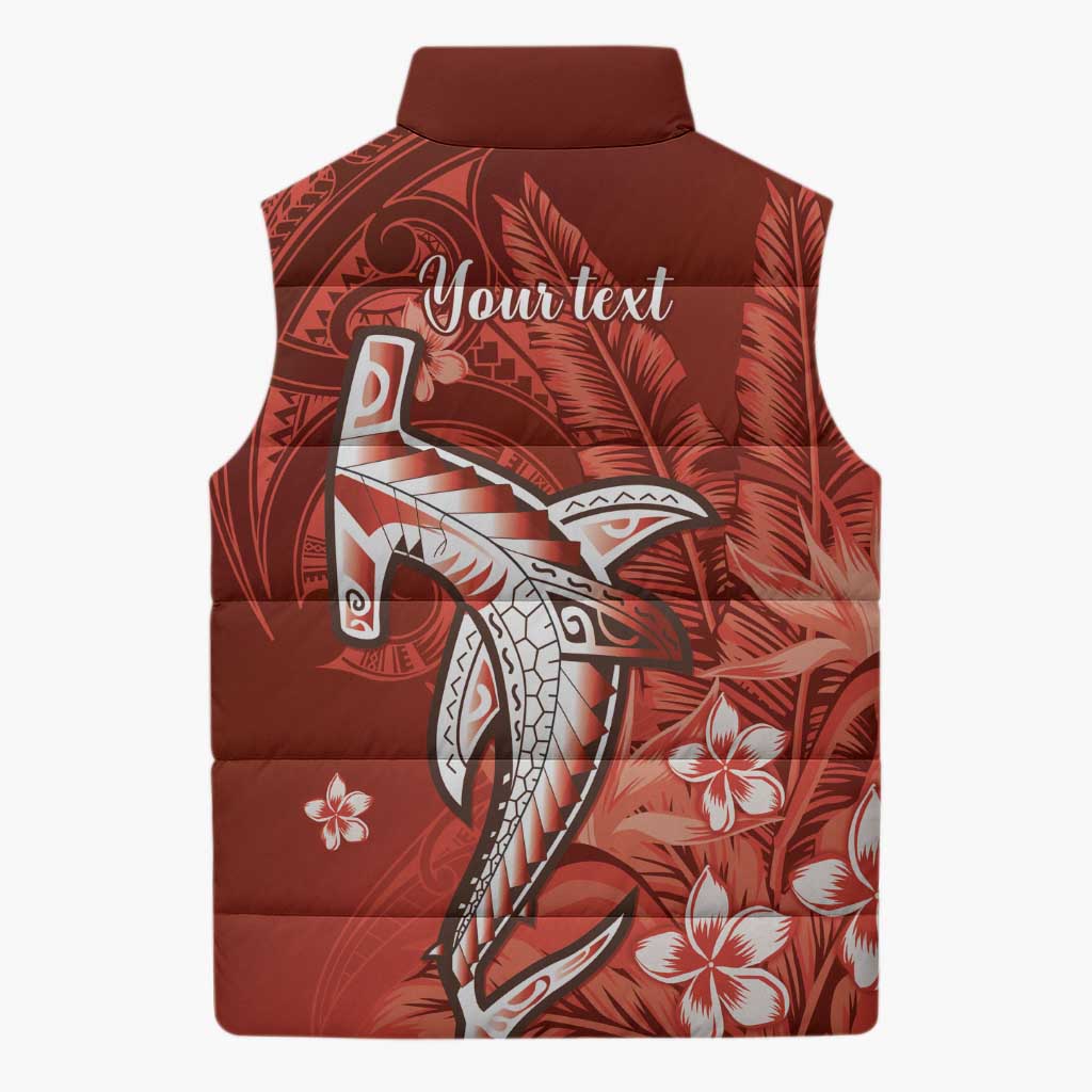 Personalized Hawaiian Maori Hammerhead Shark Sleeveless Puffer Jacket Ulaula Plumeria - Polynesian Pride