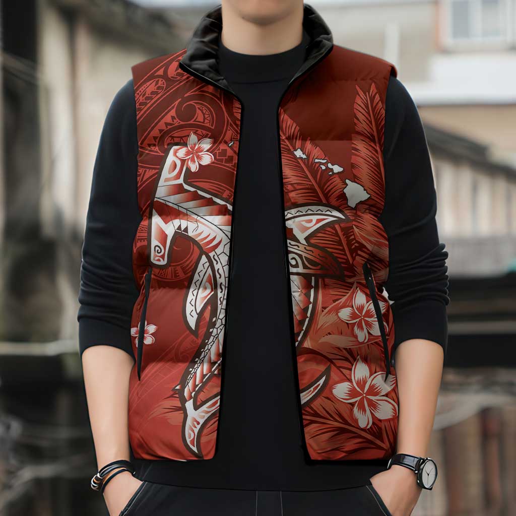 Personalized Hawaiian Maori Hammerhead Shark Sleeveless Puffer Jacket Ulaula Plumeria - Polynesian Pride