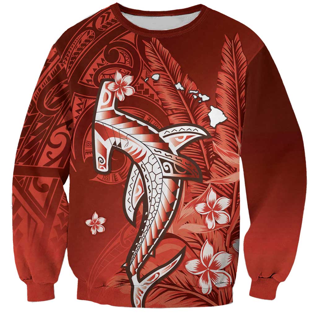 Personalized Hawaiian Maori Hammerhead Shark Sweatshirt Ulaula Plumeria - Polynesian Pride