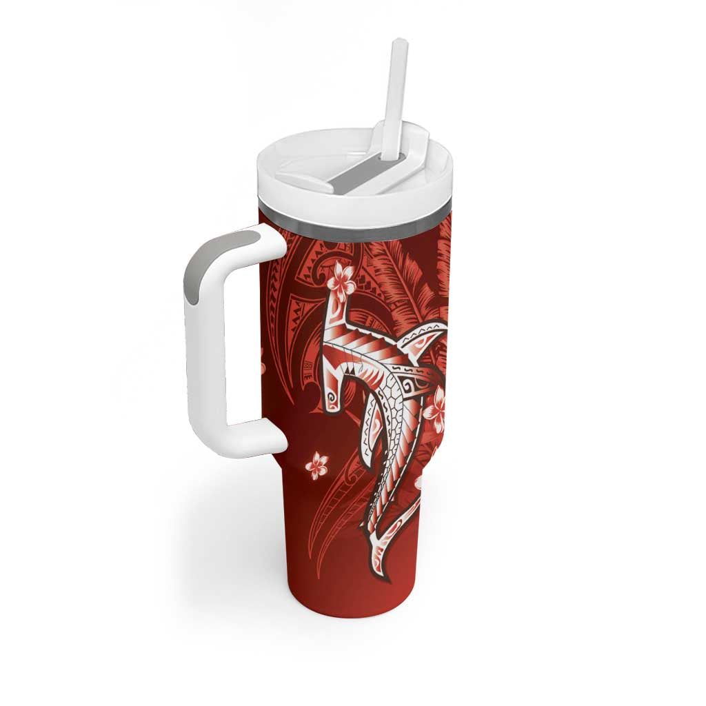 Personalized Hawaiian Maori Hammerhead Shark Tumbler With Handle Ulaula Plumeria - Polynesian Pride