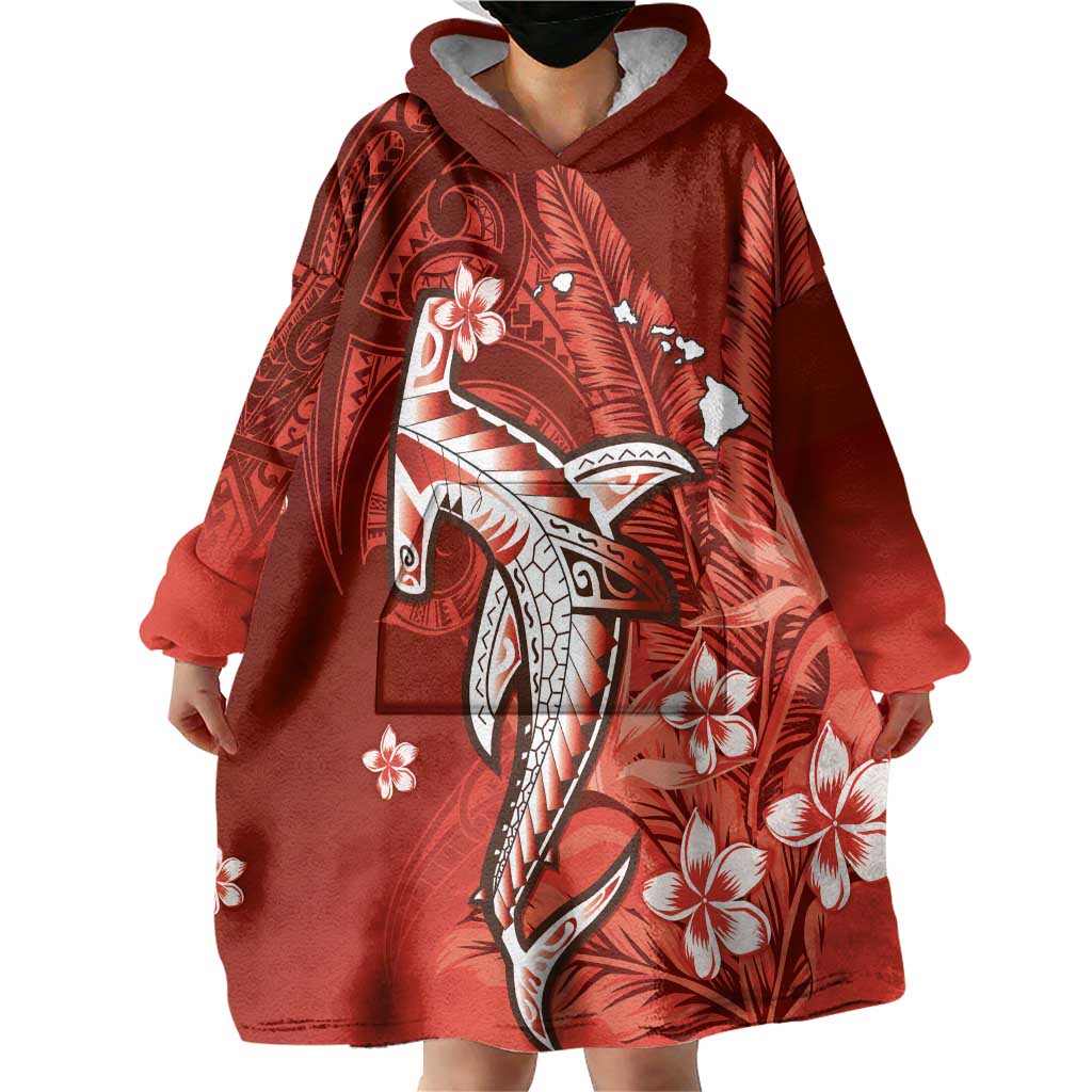 Personalized Hawaiian Maori Hammerhead Shark Wearable Blanket Hoodie Ulaula Plumeria - Polynesian Pride