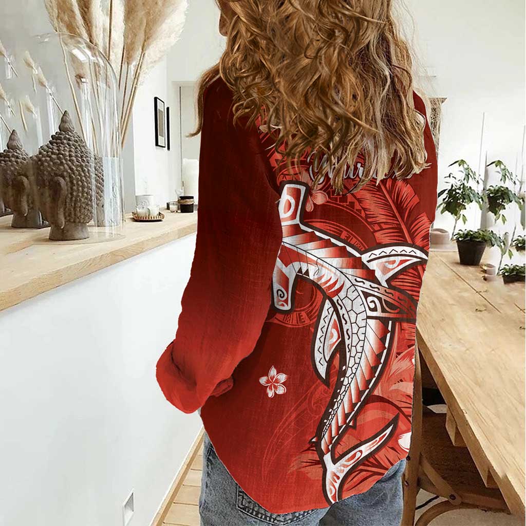 Personalized Hawaiian Maori Hammerhead Shark Women Casual Shirt Ulaula Plumeria - Polynesian Pride