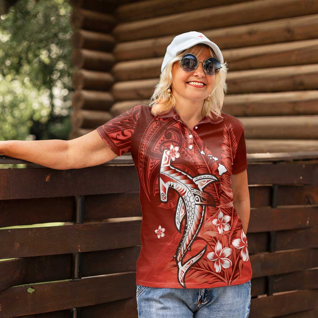 Personalized Hawaiian Maori Hammerhead Shark Women Polo Shirt Ulaula Plumeria - Polynesian Pride