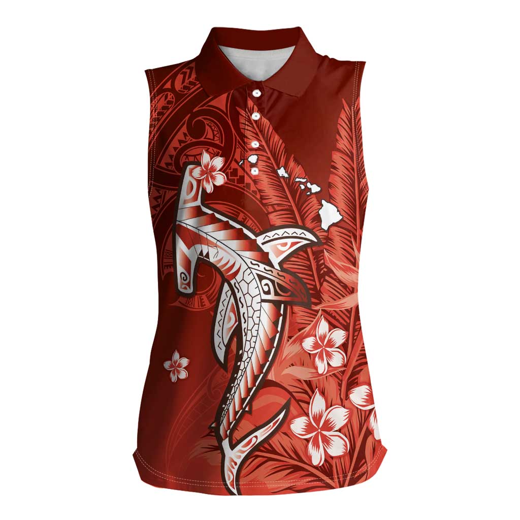 Personalized Hawaiian Maori Hammerhead Shark Women Sleeveless Polo Shirt Ulaula Plumeria - Polynesian Pride