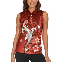 Personalized Hawaiian Maori Hammerhead Shark Women Sleeveless Polo Shirt Ulaula Plumeria - Polynesian Pride