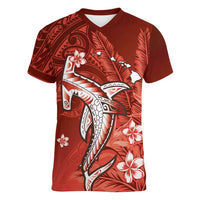Personalized Hawaiian Maori Hammerhead Shark Women V-Neck T-Shirt Ulaula Plumeria - Polynesian Pride