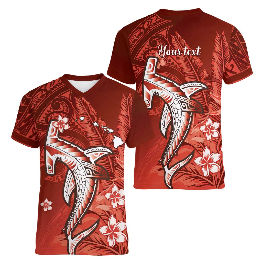 Personalized Hawaiian Maori Hammerhead Shark Women V-Neck T-Shirt Ulaula Plumeria - Polynesian Pride
