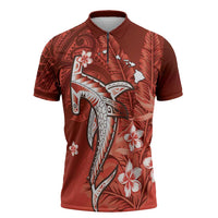 Personalized Hawaiian Maori Hammerhead Shark Zipper Polo Shirt Ulaula Plumeria - Polynesian Pride