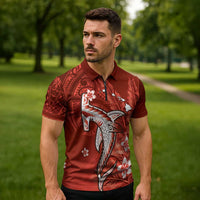 Personalized Hawaiian Maori Hammerhead Shark Zipper Polo Shirt Ulaula Plumeria - Polynesian Pride