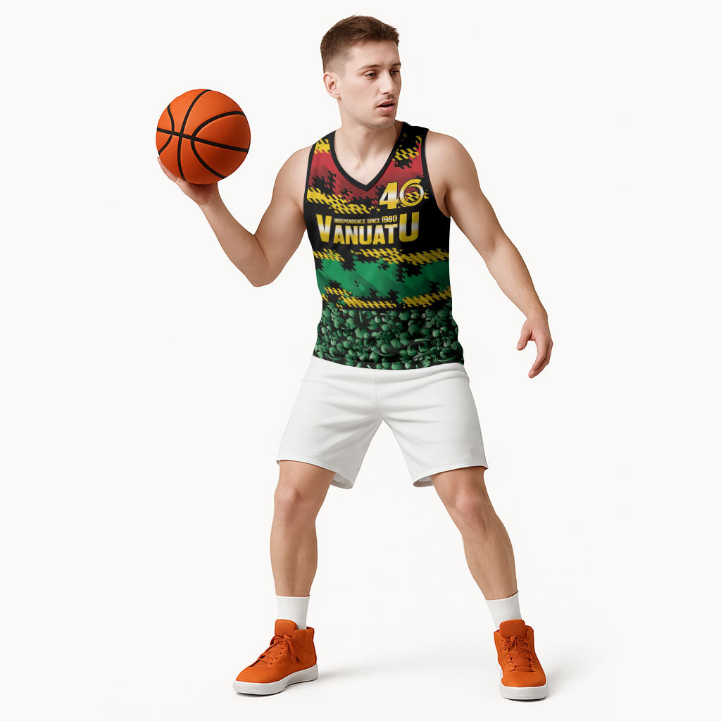 Vanuatu 46th Year Anniversary Basketball Jersey 30 July 1980 Hibiscus Seamless Pattern