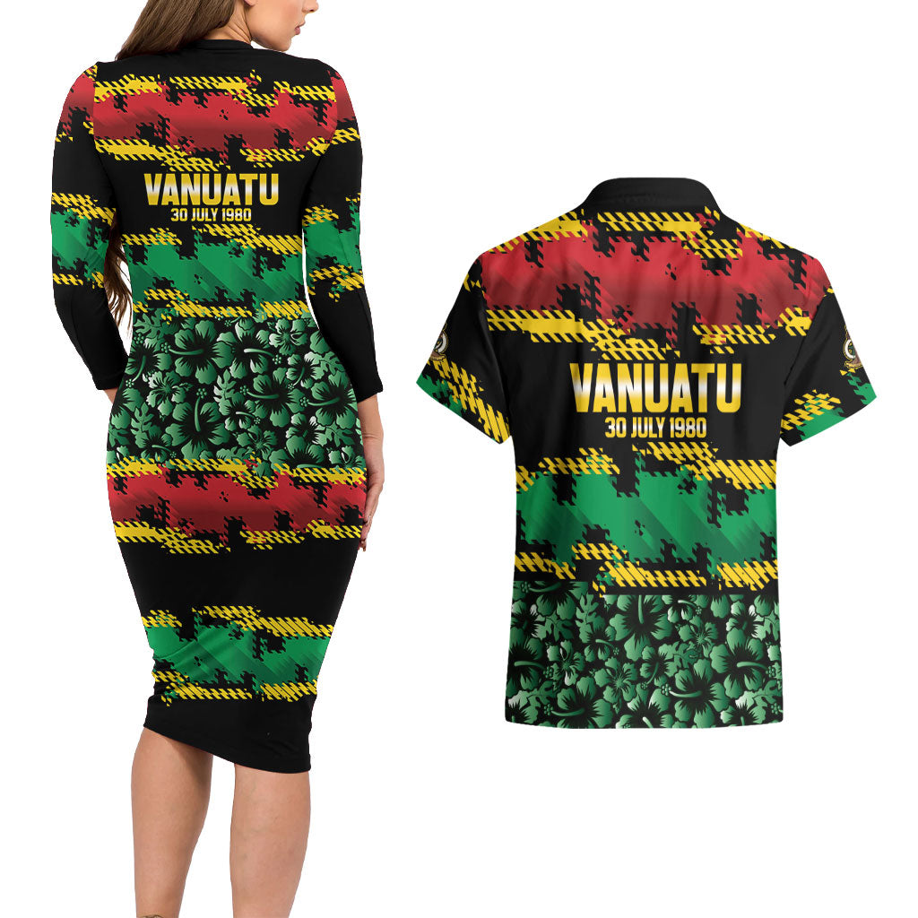Vanuatu 46th Year Anniversary Couples Matching Long Sleeve Bodycon Dress and Hawaiian Shirt 30 July 1980 Hibiscus Seamless Pattern LT9 - Polynesian Pride