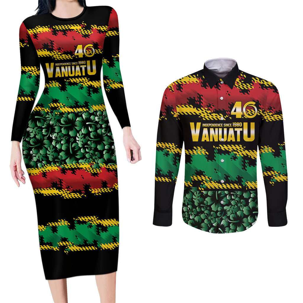 Vanuatu 46th Year Anniversary Couples Matching Long Sleeve Bodycon Dress and Long Sleeve Button Shirt 30 July 1980 Hibiscus Seamless Pattern