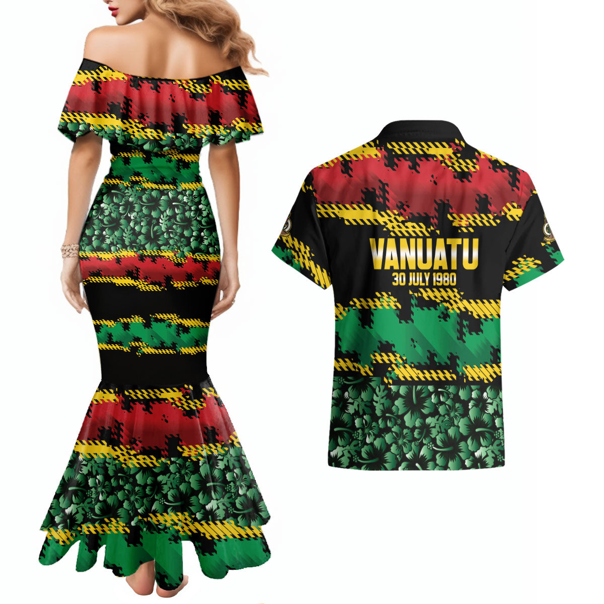 Vanuatu 46th Year Anniversary Couples Matching Mermaid Dress and Hawaiian Shirt 30 July 1980 Hibiscus Seamless Pattern LT9 - Polynesian Pride