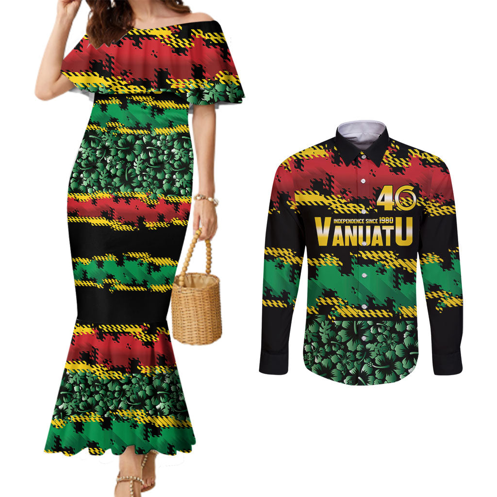 Vanuatu 46th Year Anniversary Couples Matching Mermaid Dress and Long Sleeve Button Shirt 30 July 1980 Hibiscus Seamless Pattern