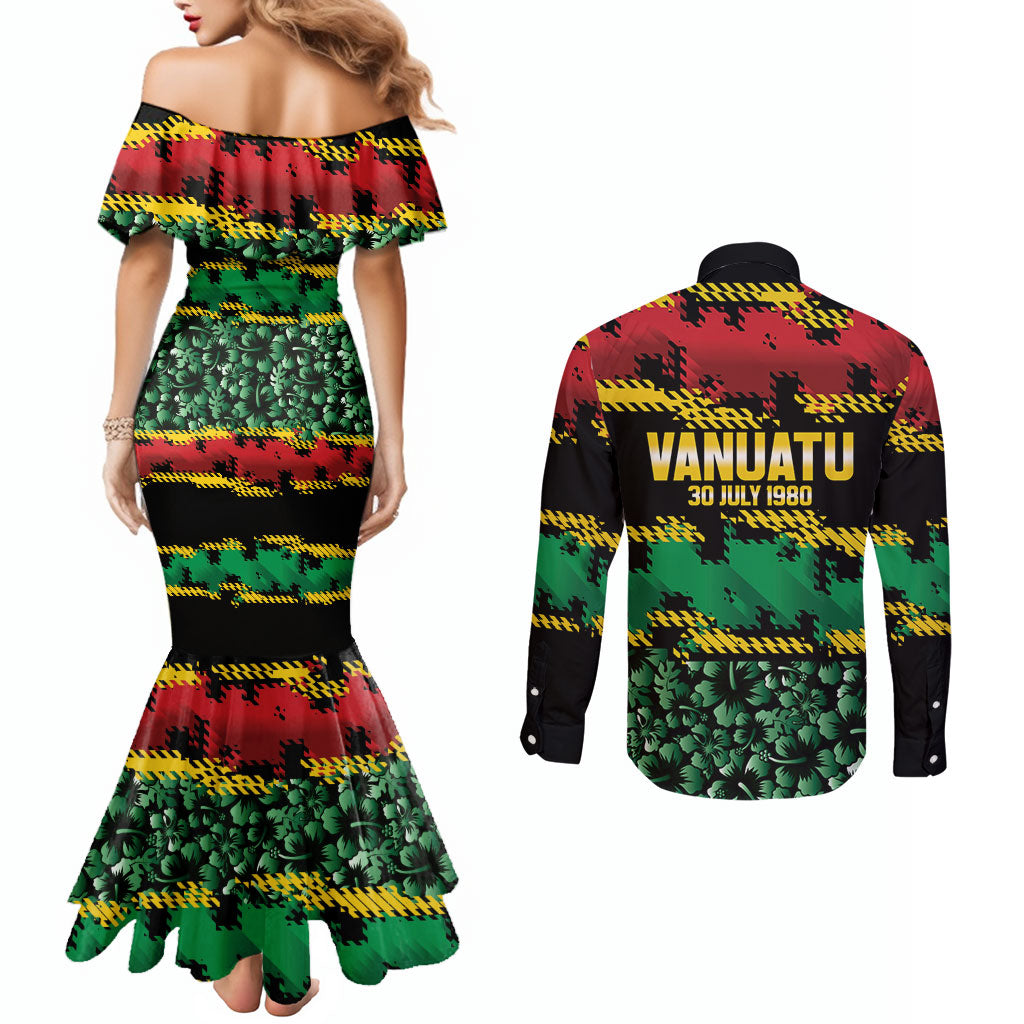 Vanuatu 46th Year Anniversary Couples Matching Mermaid Dress and Long Sleeve Button Shirt 30 July 1980 Hibiscus Seamless Pattern LT9 - Polynesian Pride