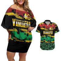 Vanuatu 46th Year Anniversary Couples Matching Off Shoulder Short Dress and Hawaiian Shirt 30 July 1980 Hibiscus Seamless Pattern LT9 Black - Polynesian Pride