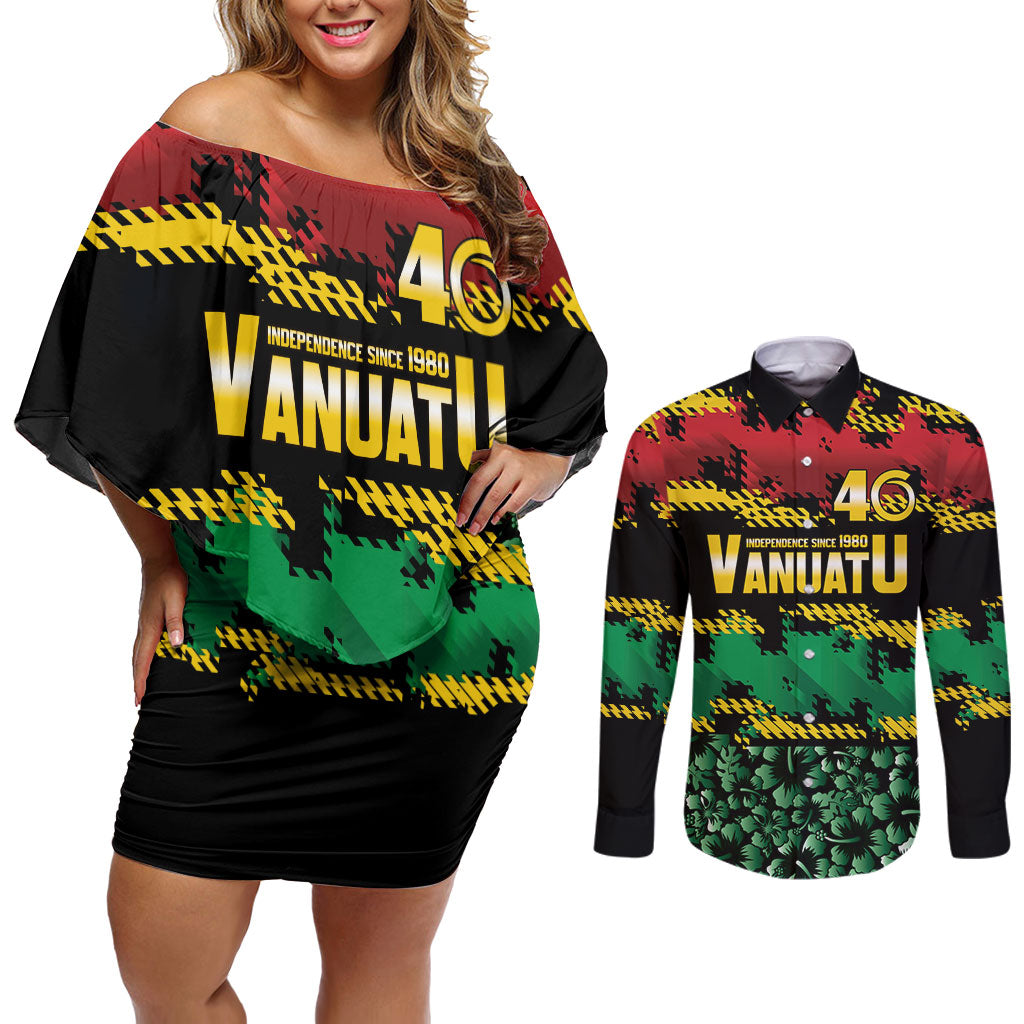 Vanuatu 46th Year Anniversary Couples Matching Off Shoulder Short Dress and Long Sleeve Button Shirt 30 July 1980 Hibiscus Seamless Pattern LT9 Black - Polynesian Pride