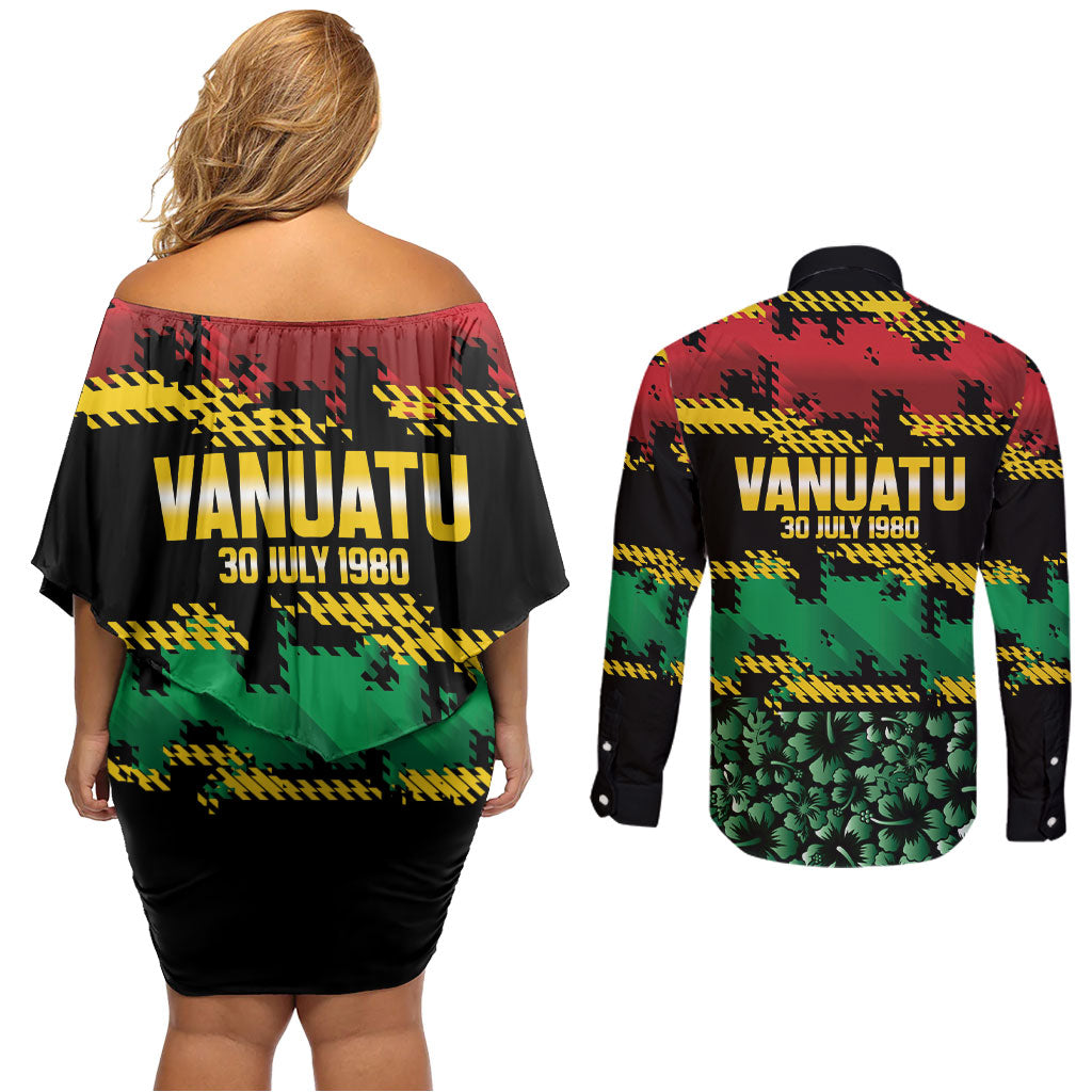 Vanuatu 46th Year Anniversary Couples Matching Off Shoulder Short Dress and Long Sleeve Button Shirt 30 July 1980 Hibiscus Seamless Pattern LT9 - Polynesian Pride