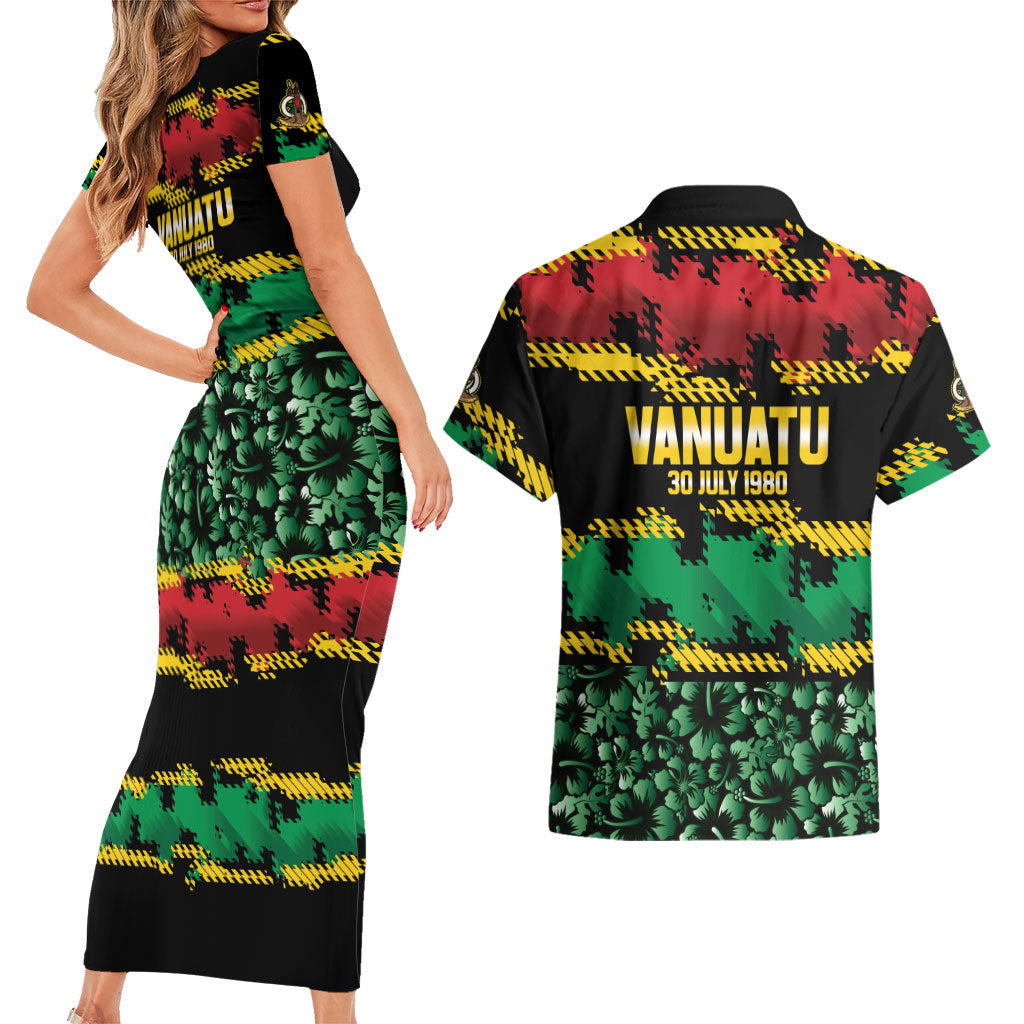Vanuatu 46th Year Anniversary Couples Matching Short Sleeve Bodycon Dress and Hawaiian Shirt 30 July 1980 Hibiscus Seamless Pattern LT9 - Polynesian Pride