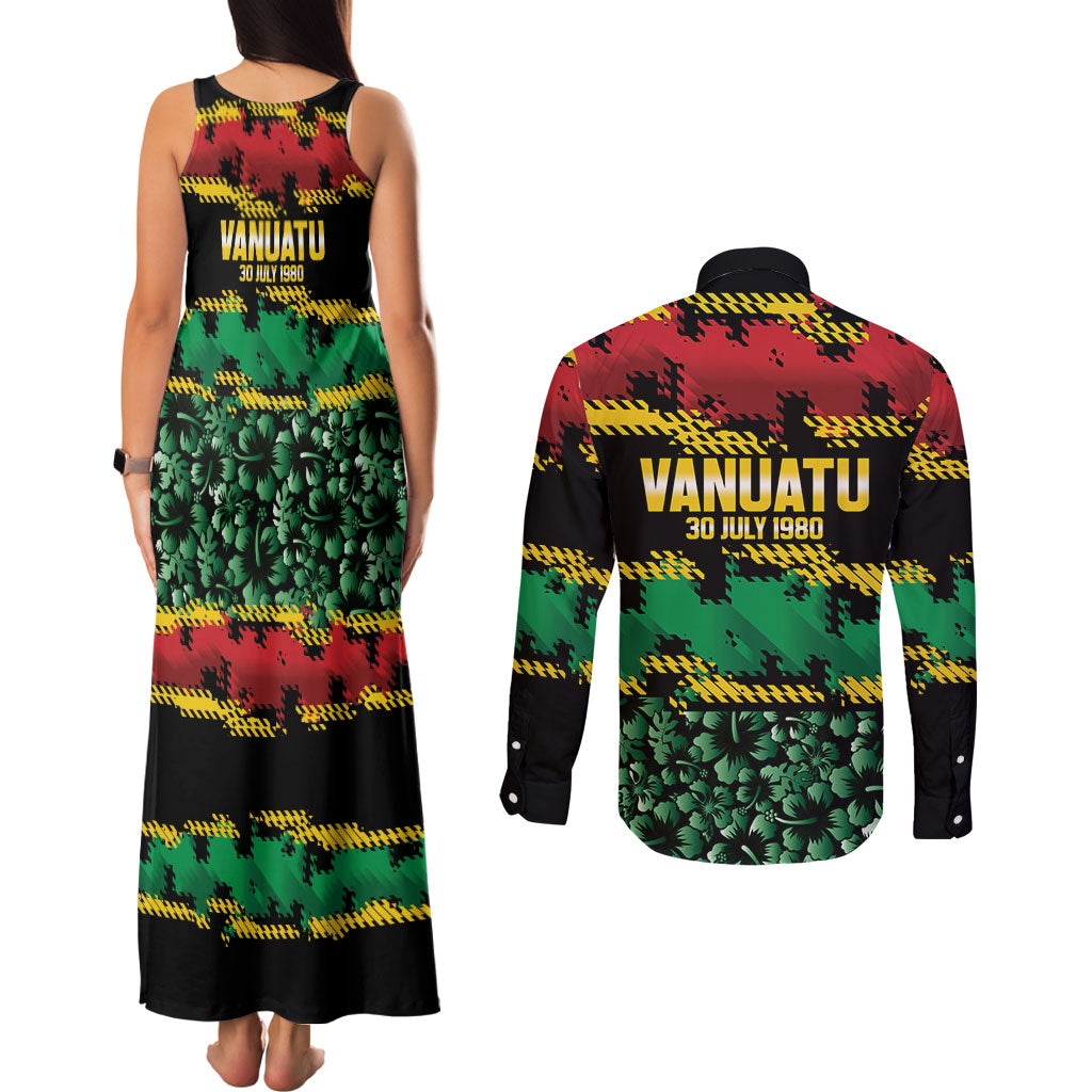 Vanuatu 46th Year Anniversary Couples Matching Tank Maxi Dress and Long Sleeve Button Shirt 30 July 1980 Hibiscus Seamless Pattern LT9 - Polynesian Pride