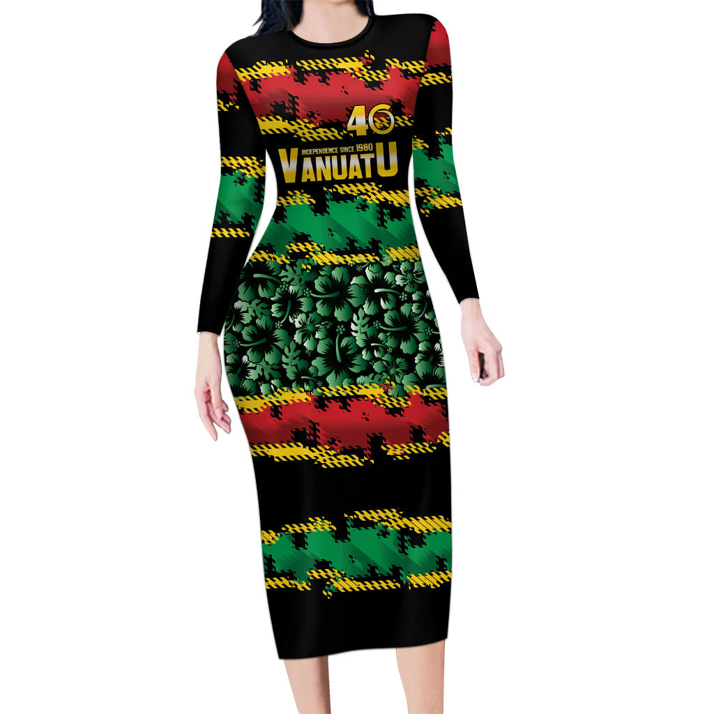 Vanuatu 46th Year Anniversary Family Matching Long Sleeve Bodycon Dress and Hawaiian Shirt 30 July 1980 Hibiscus Seamless Pattern LT9 Mom's Dress Black - Polynesian Pride