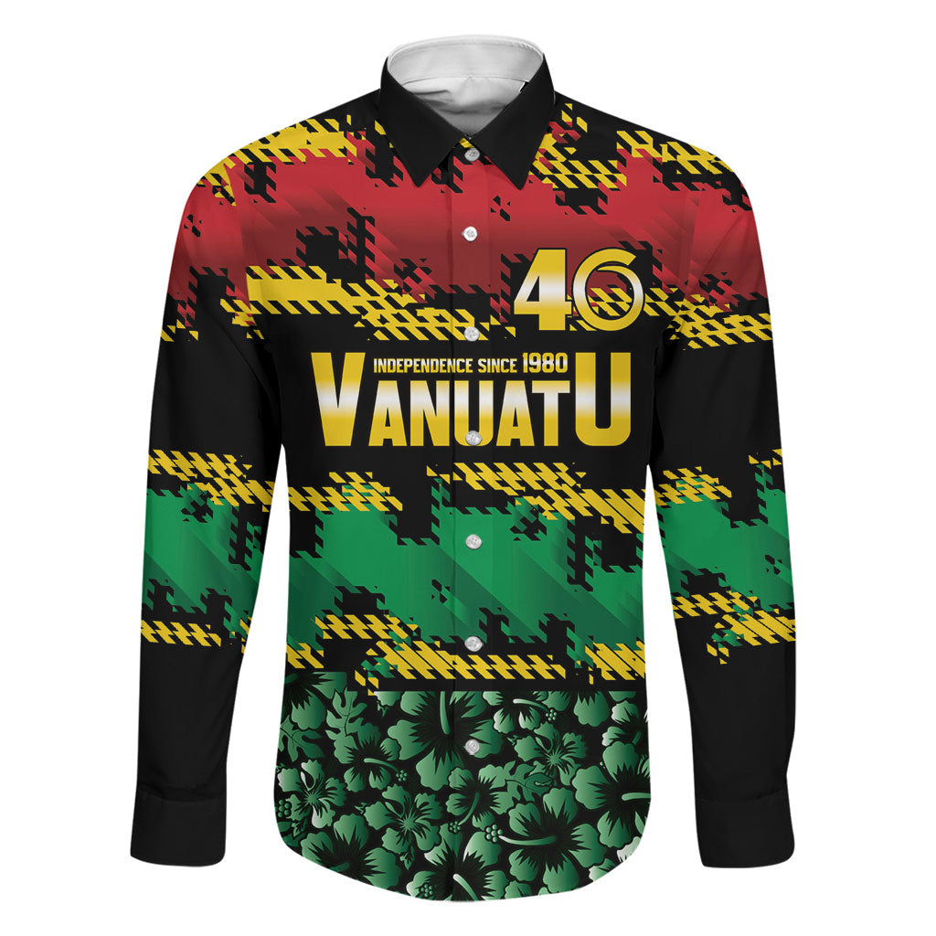 Vanuatu 46th Year Anniversary Family Matching Off Shoulder Short Dress and Hawaiian Shirt 30 July 1980 Hibiscus Seamless Pattern LT9 Dad's Shirt - Long Sleeve Black - Polynesian Pride