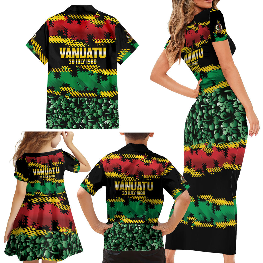 Vanuatu 46th Year Anniversary Family Matching Short Sleeve Bodycon Dress and Hawaiian Shirt 30 July 1980 Hibiscus Seamless Pattern LT9 - Polynesian Pride