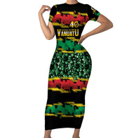 Vanuatu 46th Year Anniversary Family Matching Short Sleeve Bodycon Dress and Hawaiian Shirt 30 July 1980 Hibiscus Seamless Pattern LT9 Mom's Dress Black - Polynesian Pride
