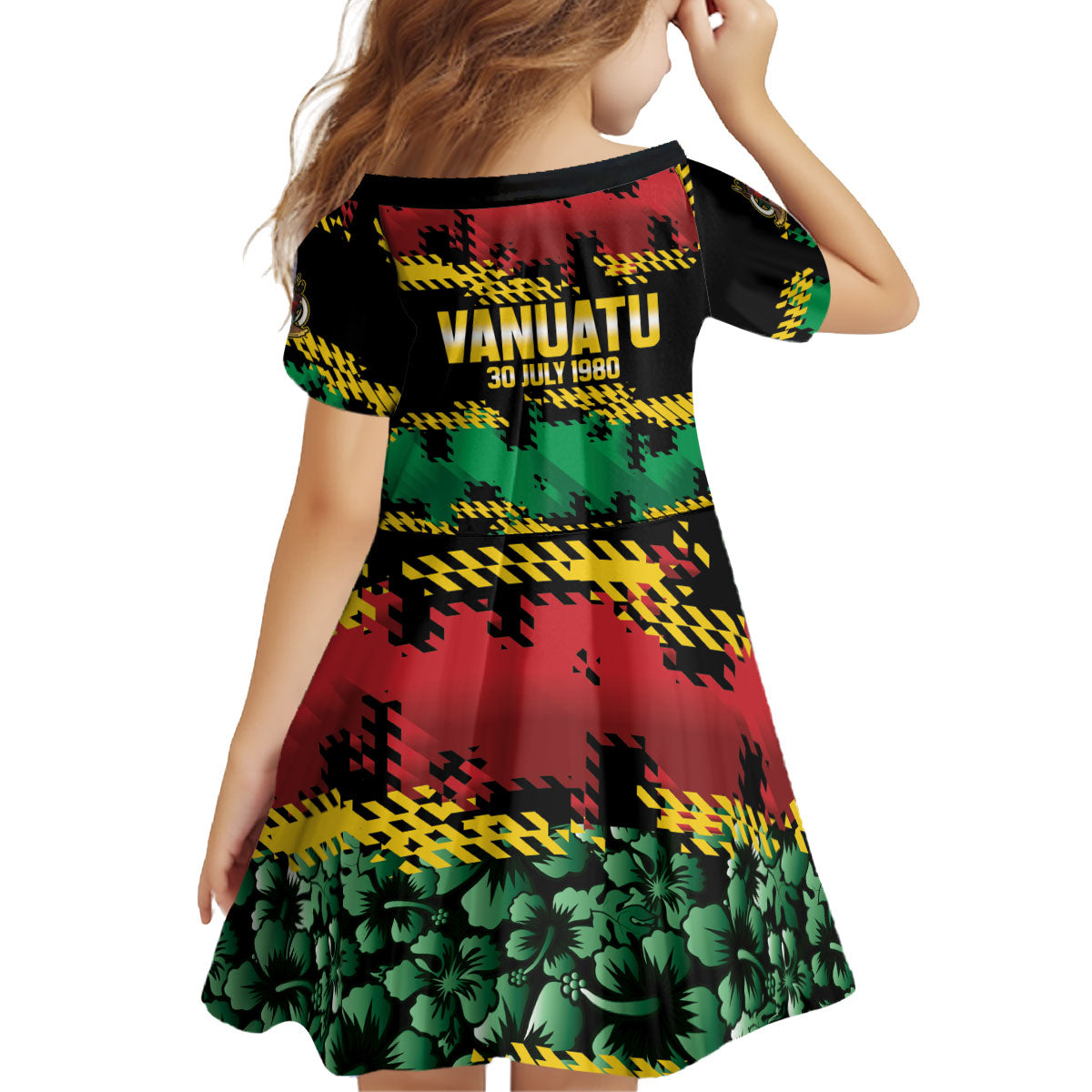 Vanuatu 46th Year Anniversary Kid Short Sleeve Dress 30 July 1980 Hibiscus Seamless Pattern