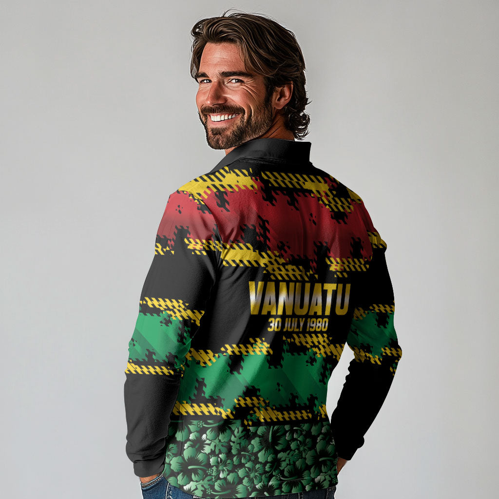 Vanuatu 46th Year Anniversary Long Sleeve Polo Shirt 30 July 1980 Hibiscus Seamless Pattern