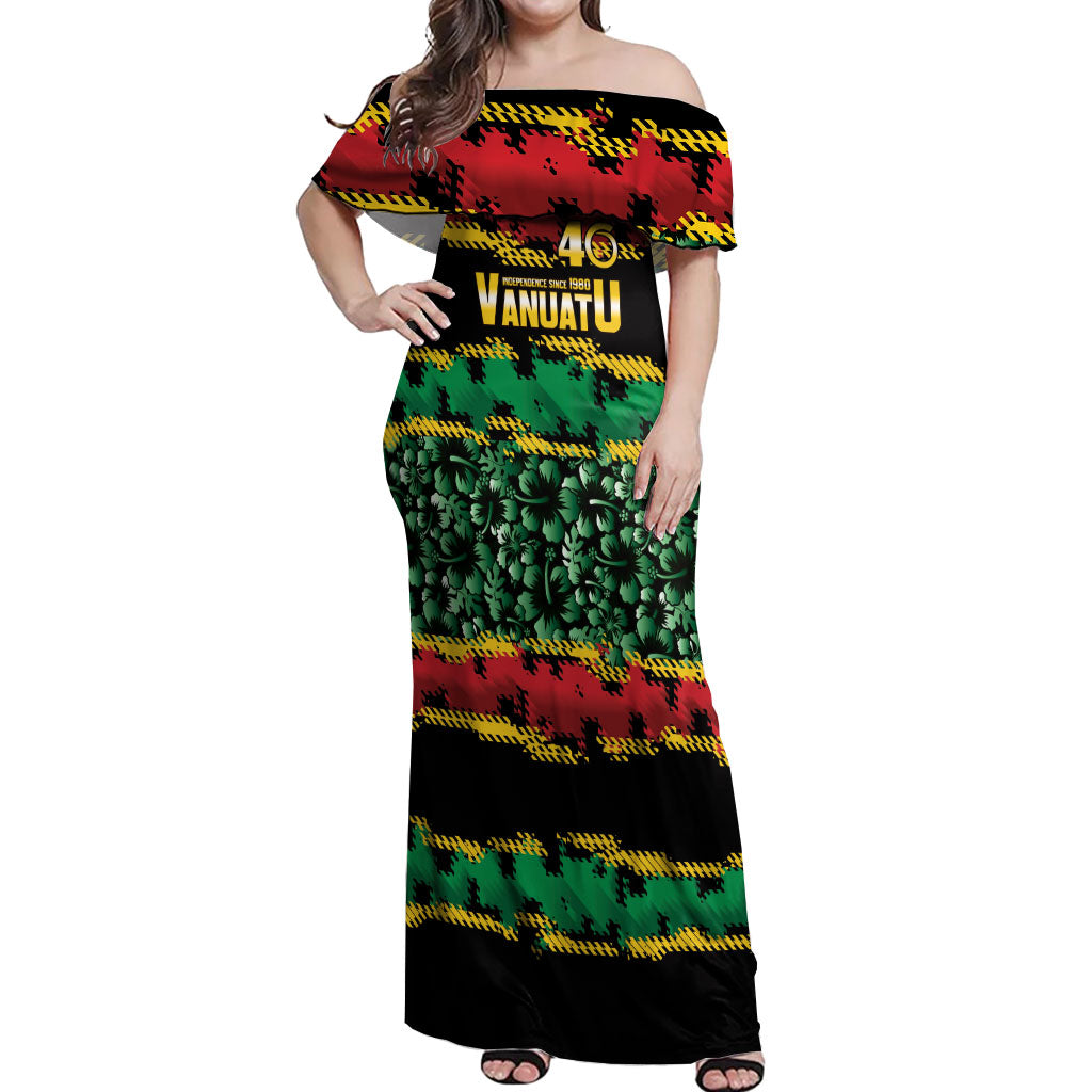 Vanuatu 46th Year Anniversary Off Shoulder Maxi Dress 30 July 1980 Hibiscus Seamless Pattern LT9 Women Black - Polynesian Pride