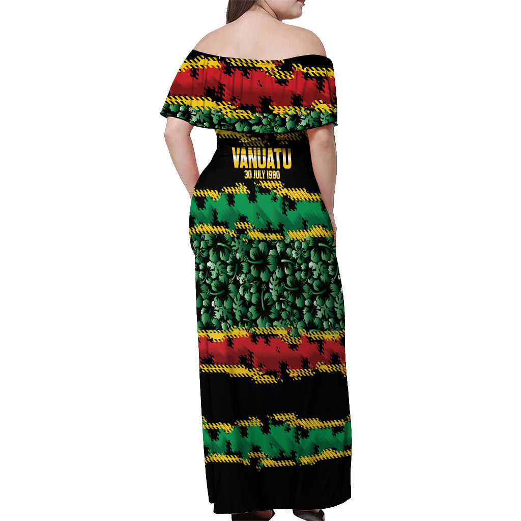 Vanuatu 46th Year Anniversary Off Shoulder Maxi Dress 30 July 1980 Hibiscus Seamless Pattern LT9 - Polynesian Pride