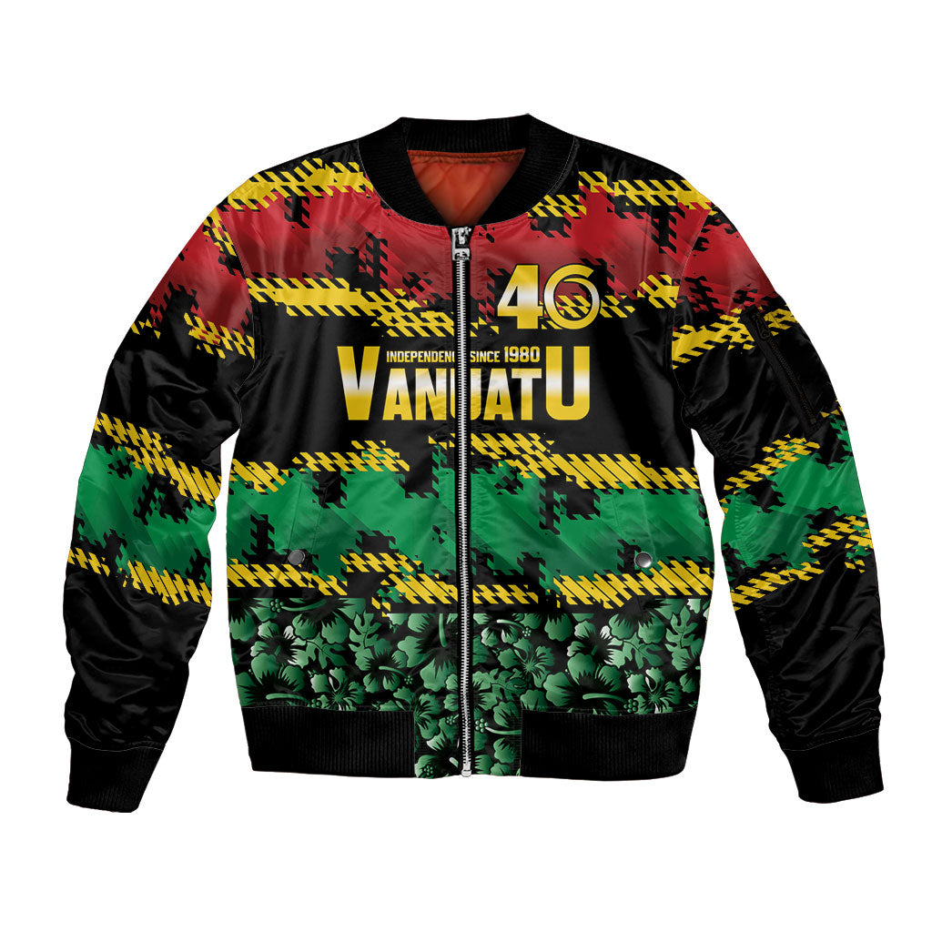 Vanuatu 46th Year Anniversary Sleeve Zip Bomber Jacket 30 July 1980 Hibiscus Seamless Pattern