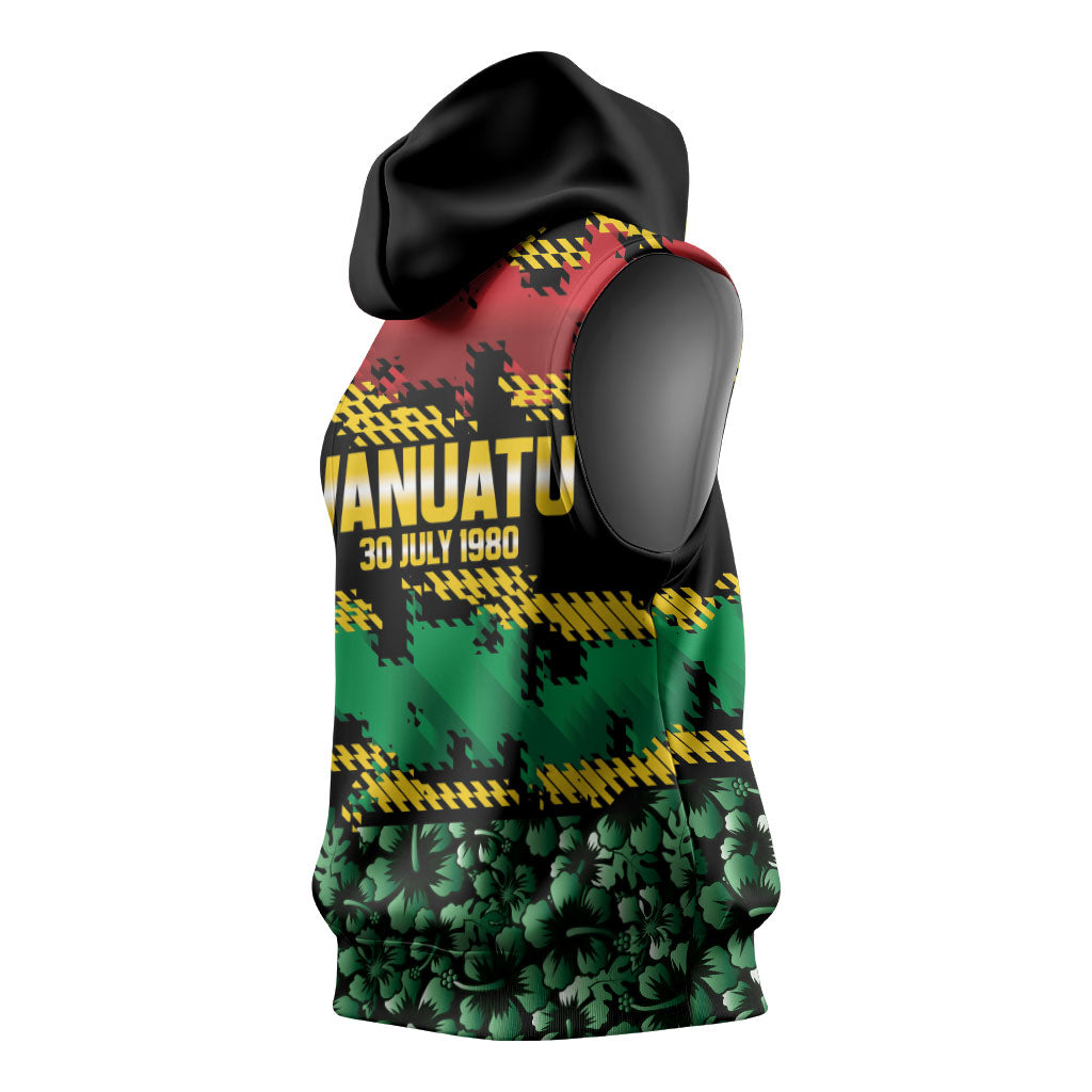 Vanuatu 46th Year Anniversary Sleeveless Hoodie 30 July 1980 Hibiscus Seamless Pattern