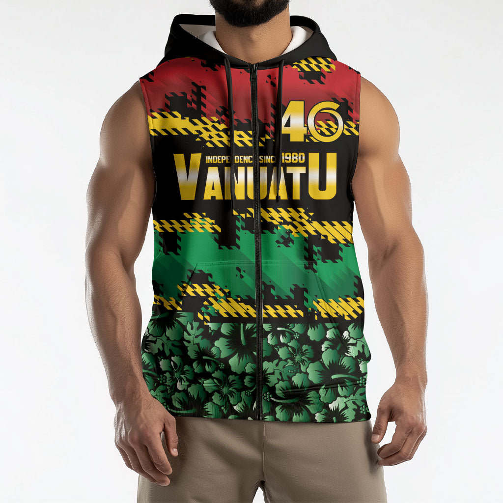 Vanuatu 46th Year Anniversary Sleeveless Zip Hoodie 30 July 1980 Hibiscus Seamless Pattern