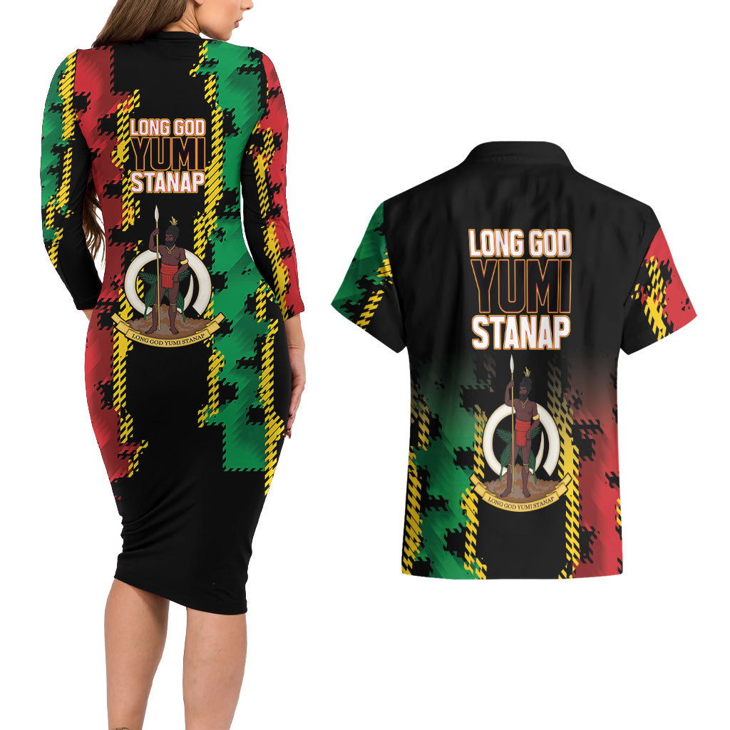 Vanuatu 46th Year Anniversary Couples Matching Long Sleeve Bodycon Dress and Hawaiian Shirt Tamtam Slit Drums Long God Yumi Stanap LT9 - Polynesian Pride