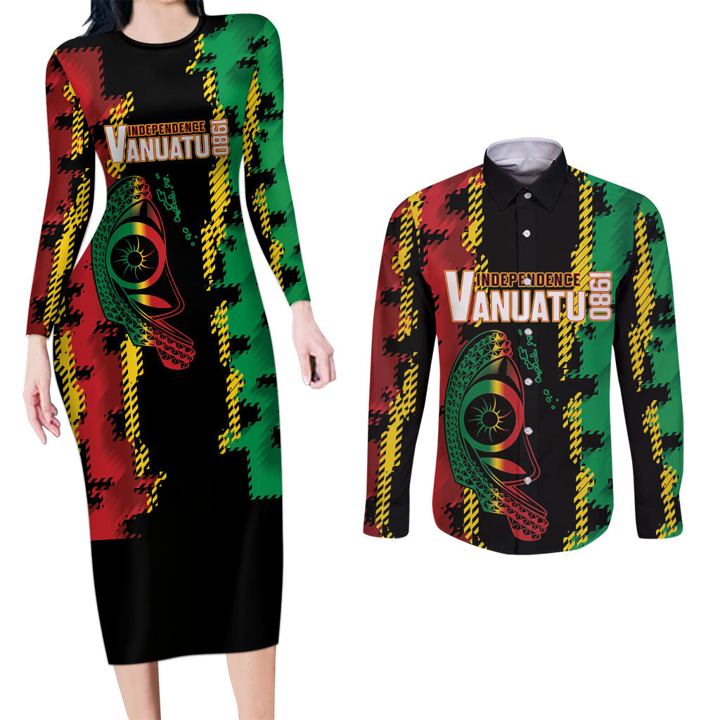 Vanuatu 46th Year Anniversary Couples Matching Long Sleeve Bodycon Dress and Long Sleeve Button Shirt Tamtam Slit Drums Long God Yumi Stanap LT9 Black - Polynesian Pride