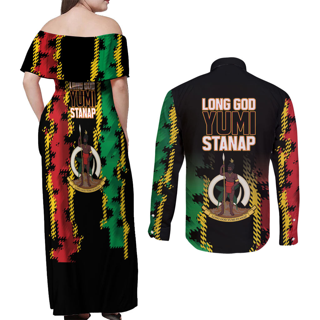 Vanuatu 46th Year Anniversary Couples Matching Off Shoulder Maxi Dress and Long Sleeve Button Shirt Tamtam Slit Drums Long God Yumi Stanap LT9 - Polynesian Pride