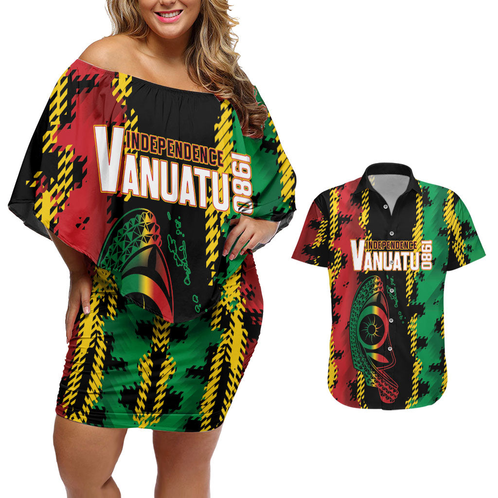 Vanuatu 46th Year Anniversary Couples Matching Off Shoulder Short Dress and Hawaiian Shirt Tamtam Slit Drums Long God Yumi Stanap LT9 Black - Polynesian Pride