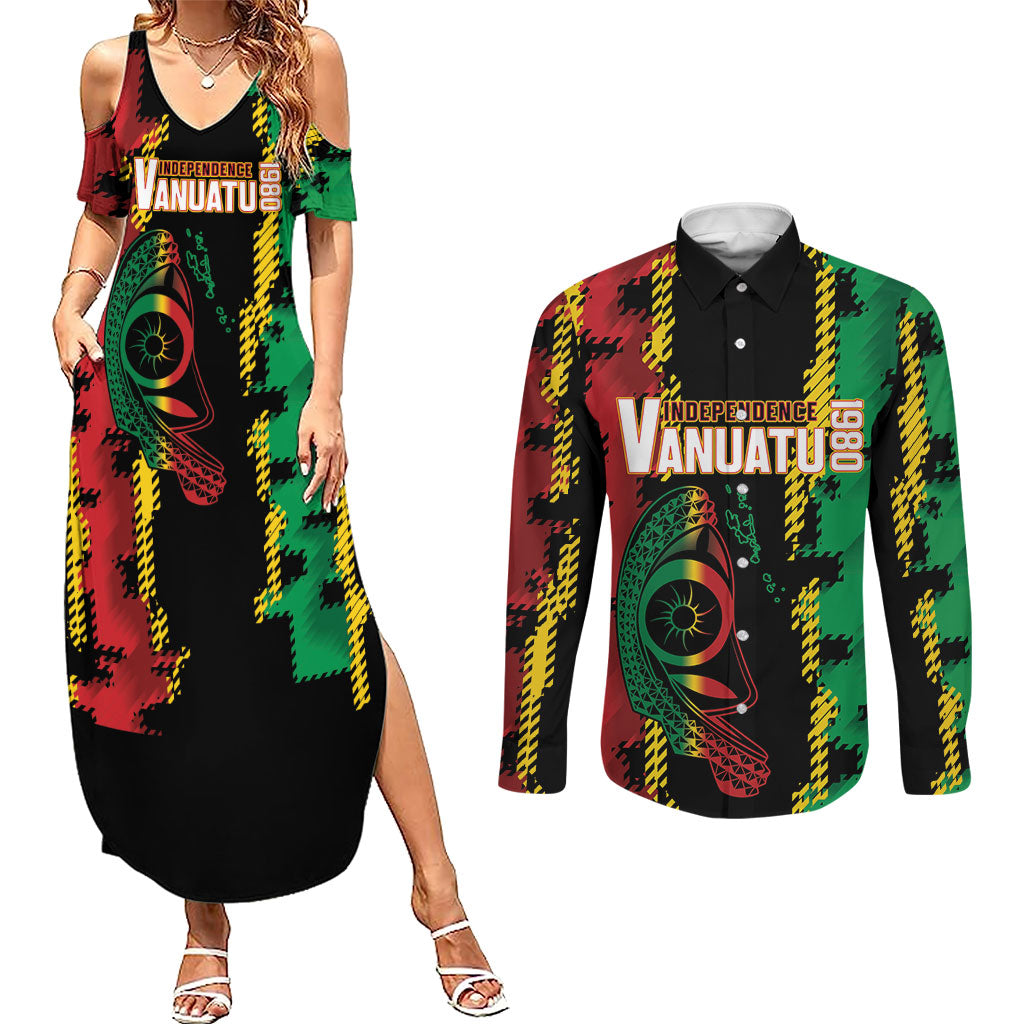 Vanuatu 46th Year Anniversary Couples Matching Summer Maxi Dress and Long Sleeve Button Shirt Tamtam Slit Drums Long God Yumi Stanap